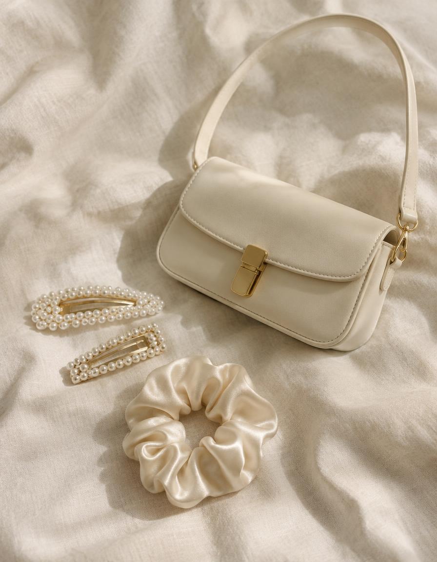 Pearl hair clips, satin scrunchie and cream bag