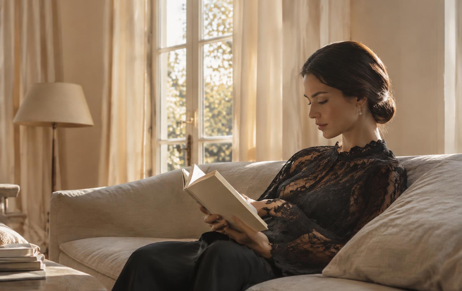 Woman in a black lace blouse reading by the window