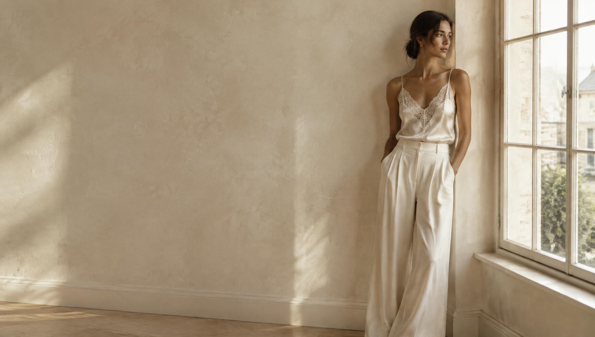 Woman in an ivory lace cami from the FIAÉ new collection
